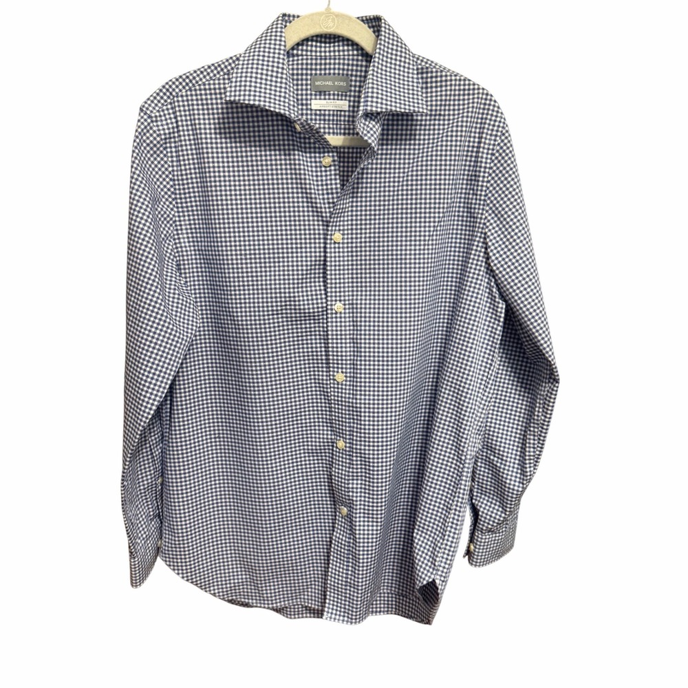 Michael Kors Dress Shirt Airsoft Stretch Gingham 16 32/33 Blue Excellent Slim‎